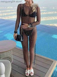 Women's Swimwear Sexy Mesh See Through Women Bikini Cover Up Long Sleeve Dress with Pearl Decoration Female Summer Beachwear T230505