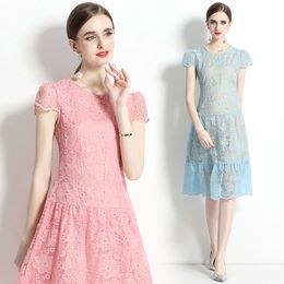 Women Lace Dress Boutiqu Short Sleeve Dress 2023 Summer Lace Hollow Ruffles Dress High-end Noble Lady Dresses OL Runway Dresses