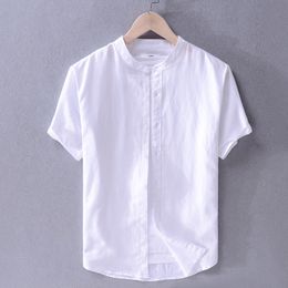 Men's Casual Shirts Men's cotton linen short sleeve shirt stand collar linen plain casual shirt literary linen shirt men 230505