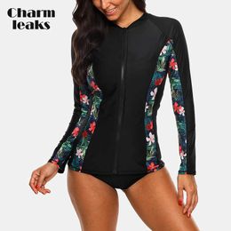 Wetsuits Drysuits Charmleaks Women Long Sleeve Zipper Rashguard Swimsuit Floral Print Swimwear Surfing Top Rash Guard Running Shirts UPF50 J230505