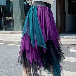 Skirts Tutu Tulle Skirt Women Fashion 2023 Summer Korean Irregular Contrast Colour Pleated Maxi High Low Asymmetrical