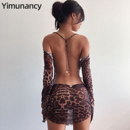 Two Piece Dress Yimunancy Leopard Print Backles Long Sleeve Mesh Spring Halter Transparent Sexy Club Vestidos 230505