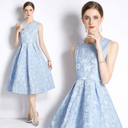 Casual Dresses New Summer Fall Light Blue Jacquard O-Neck Sleeveless Women Sweet Temperament Tunic Slim Midi Beach Holiday Ball Gown Vest Dress 230505