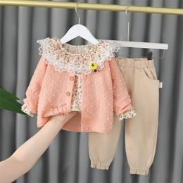 Clothing Sets Baby Girls Outfits Spring Autumn Children Clothing Sets 3 Pieces Toddler Infant Coats Lace Shirt Pants Kids Casual Clothes 230505