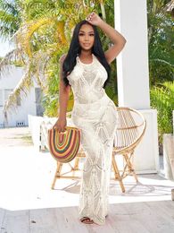 Women's Swimwear New Long White Crochet Tunic Sexy Straped Hollow Out Fringed Maxi Dress Summer Clothes Women Beach Wear Swim Suit Cover Up A1421 T230505