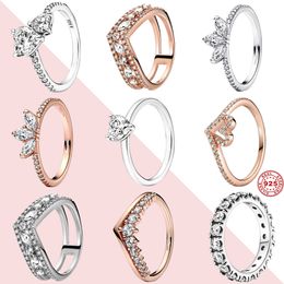 925 Sterling Silver Pandora Ring The Original Double Heart Sparkling Ring, Engagement Wedding Crystal Rose Gold Ring Luxury Jewellery Gift