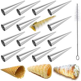 Ice Cream Tools 16PcsLot Stainless Steel Cream Horn Moulds Set Filled Dessert Pastry Cone Metal Forms Baking Tools 230504
