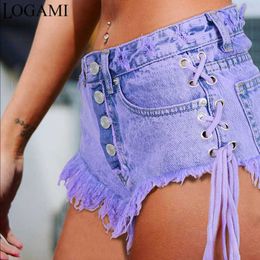 Women's Shorts LOGAMI Highwaisted Mini Jeans Shorts Women Both Side Tie Mini Short Sexy Denim Shorts Jeans Z0505