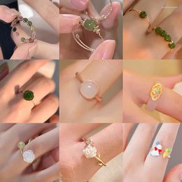 Wedding Rings Women's Gold Color Plated Inlaid Green Stone Ring Vintage Fashion Adjustable For Bride Jewelry Friendship Gift