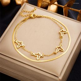 Anklets 316L Stainless Steel 2-Layer Butterfly Charm Anklet For Women Girl Trend Leg Chain Waterproof Jewellery Party Gift Drop