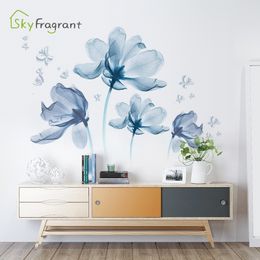 Wallpapers Romantic Blue Flowers Wall Sticker Living Room Bedroom Decor Home Background Wall Decor Self-adhesive Stickers Room Decoration 230505