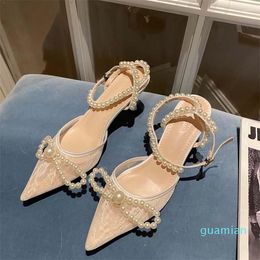 Sandals 2023 Ladies Women High Heels Lace Mesh Pearl Stiletto Pointed Sexy Baotou Wedding Party Women's Shoes