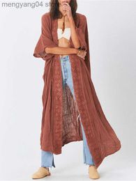 Women's Swimwear 2021 New Oversize Beach Cover Up Kimono Vintage Print Floral Holiday Bikini Outing Boho Loose Long Cardigan Solid Color Cover Up T230505