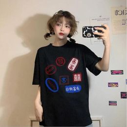 Women's T Shirts Harajuku Style Women Top Chinese Print Short Sleeve Round Neck Shirt Feminina Cotton Spandex