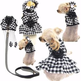 Dresses Handmade Princess Cat Dog Dress Harness and Leash Set Black Plaid Pet Harness Vest Training Rope Dog Accessories for Small Dogs