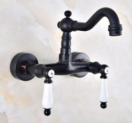 Bathroom Sink Faucets Wall Mounted Dual Ceramic Handles Black Oil Rubbed Bronze Faucet Mixer Tap Lnf823