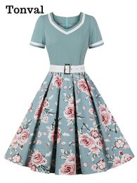 Casual Dresses Tonval Vintage 50s Ladies Floral Pleated Rockabilly Dress Elegant Women High Waist Pinup Summer Dresses with Belt 230505