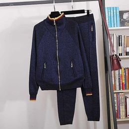 Women's Two Piece Pants Dark Blue Bright Silk Knitted Tracksuits Set Women Loose Turtleneck Zipper Cardigan Sweater Long Pencil 2pc Outfits