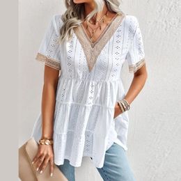 Party Dresses EKWUA Summer Ladies Wedding Blouse Bohemian Tunic Cotton - Lace Ruffle Top Women's Beach White Dress For Women Clothing