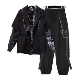 Women s Pants s Autumn 2023 Chain Cargo Chian Blouse Chain Vest Streetwear Harajuku 3 Piece Set For 230504