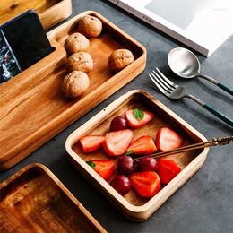 Plates 1Pcs Wood Serving Plate Nordic Style Acacia Kitchen Living Room Dessert Sushi Snack Dry Fruit Tray With Phone Holder Hole