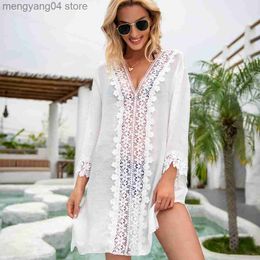 Women's Swimwear Beach Dress White Women Summer Cover Up V-Neck Tunic Swimsuit Cover-Up Woman Outfit Flounce Lace Sleeve Swim Dresses T230505