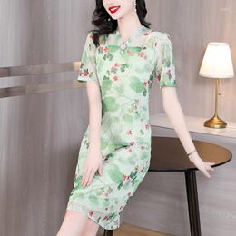 Casual Dresses 2023 Summer Style Floral Temperament Improved Cheongsam Large Size Dress Female Meat Cover Short Sleeve Slimming Mother Skirt