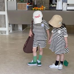 Clothing Sets Brother And Sister Matching Clothes Summer Korean Children's Clothing Baby Girls Striped Dress Kids Two-Piece Set For Boys Suit 230505