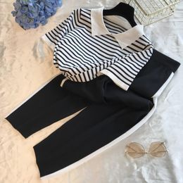 Women's Two Piece Pants Set Women Summer Knitted Striped Short Sleeve T Shirts Stretch Waist Full Length Ladies 2-Piece Suit 2023