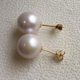 Stud Earrings Real AU750 18k Gold Nature Freshwater Pearl Earring- Good Quality Perfect Round 10-11 Mm