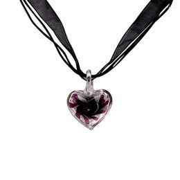 Pendant Necklaces Murano Glass Necklace Purple Heart Flowers Ribbon Chain