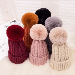 Berets Faux Fur Ball Hat Big Detachable Pom Knitted Beannie Winter Women Crochet Cashmere Cap Removeable Pompom Warm YD040