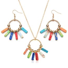 Necklace Earrings Set & Fashion Chakra Jewellery Handmade Natural Stone Tube Beads Leather Wrap Couples Bracelets Creative Gifts