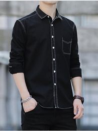 Men's Casual Shirts New black 100% cotton shirt Japanese chic casual shirt imitation denim wash plain long sleeve shirt simple fashion shirt 230505