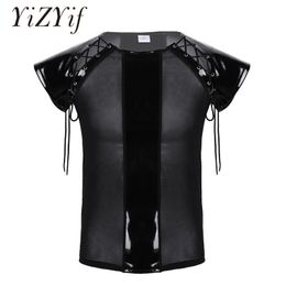 Men s T Shirts Sexy Clubwear T shirts Mens PU Leather Splice Soft Mesh See Through Short Sleeves Lace up Muscle Slim T shirt Tops Lingerie 230504
