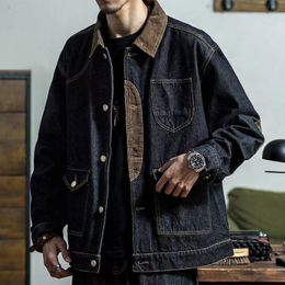 Men s Jackets HOUZHOU Vintage Denim Retro Cargo Jacket Coats Outerwear Coat for Distressed Streetwear Japanese Patchwork 230505