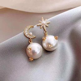 Dangle Earrings & Chandelier 2023 Korean Temperament Net Red Star Moon Pearl Asymmetric High Sense