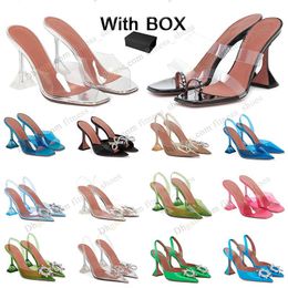 with Box Amina Muaddi High Heels Shoes Famous Designer Sandals Women Square Buckle Rhinestone Hollow Party Holiday Lady Wedding Crystal Red Bottoms High-heel