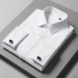 Men's Casual Shirts Large Size Men's Bamboo Fibre Cufflink Shirt High Quality Business Fashion Pure White Party Long-sleeved Shirt Male Brand 230505