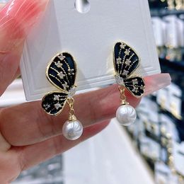 Dangle Earrings Fashion Pearl Black Butterfly Drop For Women Korean Style Micro Pave Jewelry Wholesale