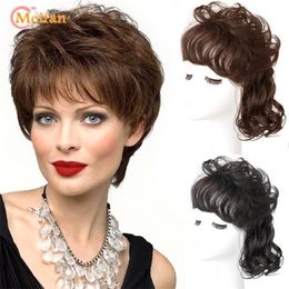 Bangs MEIFAN Topper Closure Wavy Curly Hairpieces Clip In Hair Extension Natural Black Brown Hair with Bangs Cover Gray top Hairpieces 230504