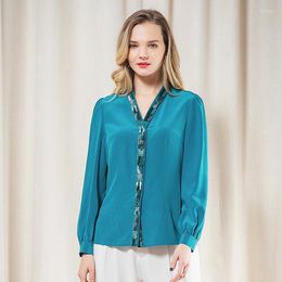 Women's Blouses Silk Blue Crepe De Chine Printed Georgette Stitching Deep V-neck Tops Women Long Sleeve Single Breasted Shirt B9529