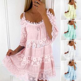 Casual Dresses Embroidery Crochet Lace Cold Shoulder Mini Dress Women Scoop Neck Half Sleeves Mid-Rise Loose Fit Summer Dress Lady Beach Dress 230505