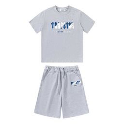 Designer Fashion Clothing Tees Tshirt American Fashion Brand Trapstar White Blue Gradient Towel Embroidered Short Sleeved Shorts Loose Fitting Pure Cotton Set for