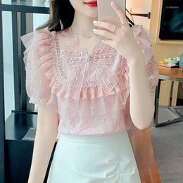 Women's Blouses Floral Embroidery Sheer Mesh Blouse Women 2023 Summer Fashion Pearl Bow V-neck Short Sleeve Lace Top Woman Pink Loose Chic