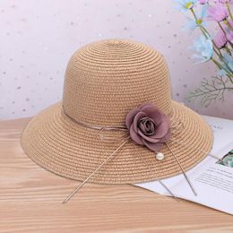 Wide Brim Hats Women Straw Hat Braided Flower Decor Round Strap Solid Color Anti-UV Foldable Korean Summer Vacation Sun Headwear