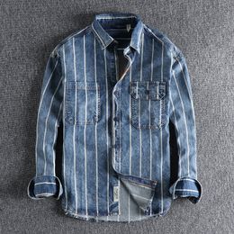 Men's Casual Shirts Autumn custom woven striped washed used denim shirt men's work style American retro trend youth shirt 230505