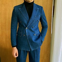 Men's Suits Blazers Denim Blue Wedding Men's Suit Slim Fitting Party Prom Elegant Dress Men's Clothing Double Breasted High Quality Outfits 2 Pieces 230505