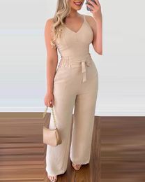 Womens Two Piece Pants Sets Women Outifits Spring Fashion Shirred VNeck Sleeveless Cami Top Casual High Waist Pocket Design Set 230505