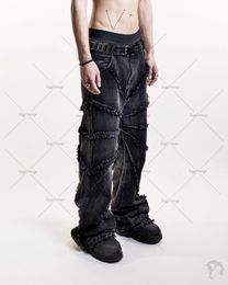 Men's Jeans Y2K Punk Black American Street Rock Retro High Waist Oversized 2023 Raw Edge Washed Straight Wide Leg Trousers 230504